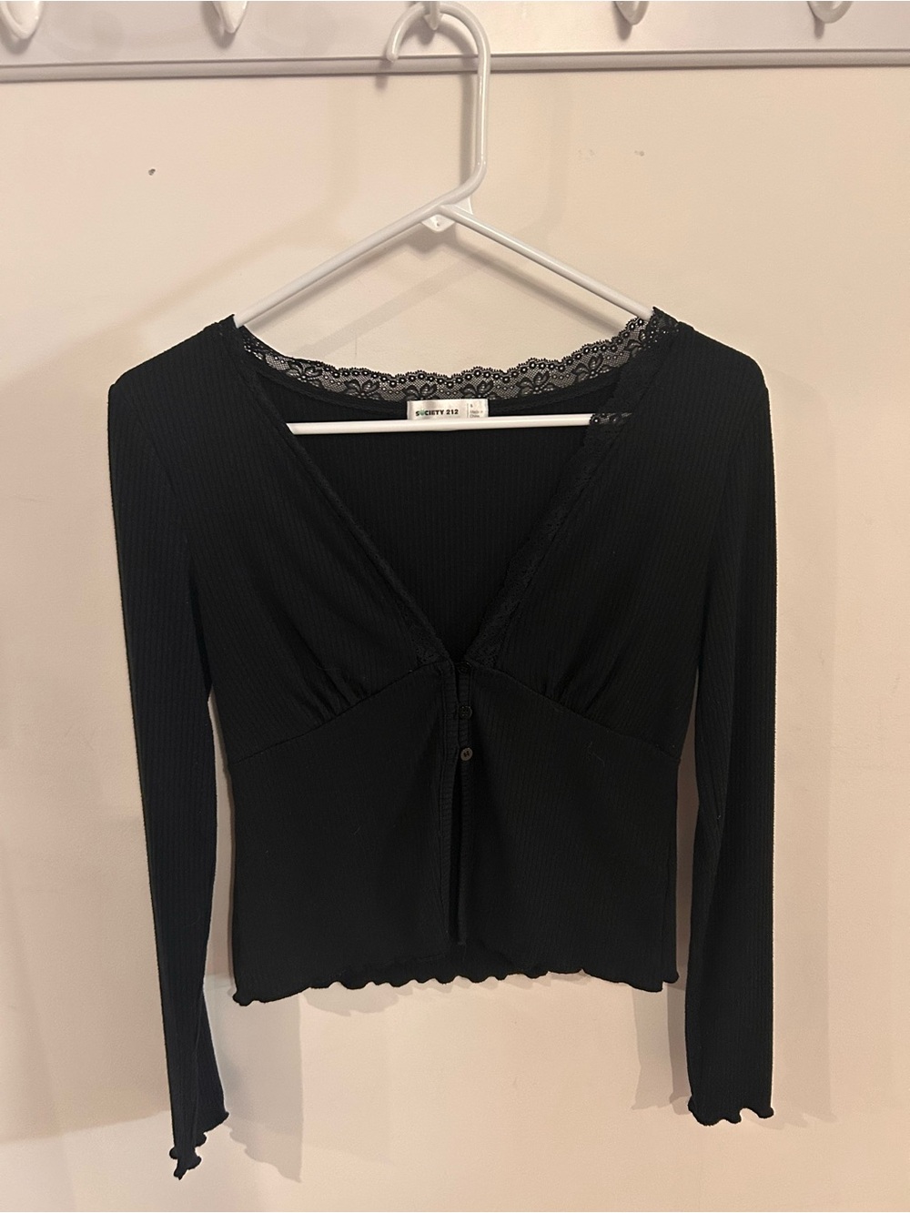 Ribbed Lace-Trim Long Sleeve Top - Black